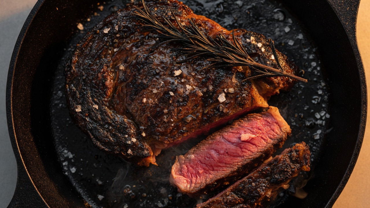 Ribeye steak in a cast-iron skillet, food only