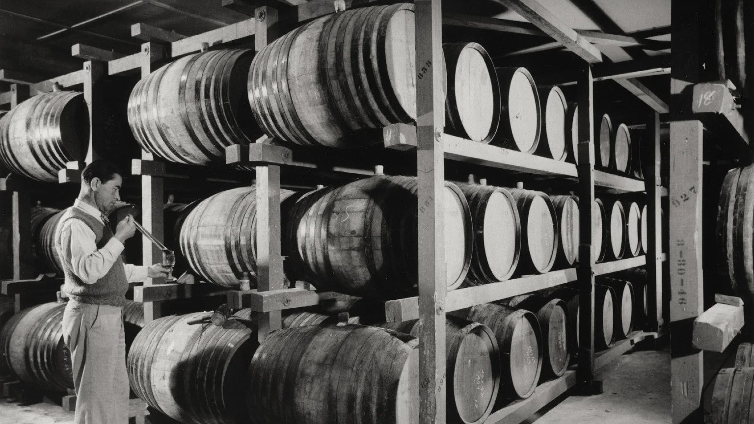 A winemaker in a sweater vest draws a barrel sample in a wooden cellar