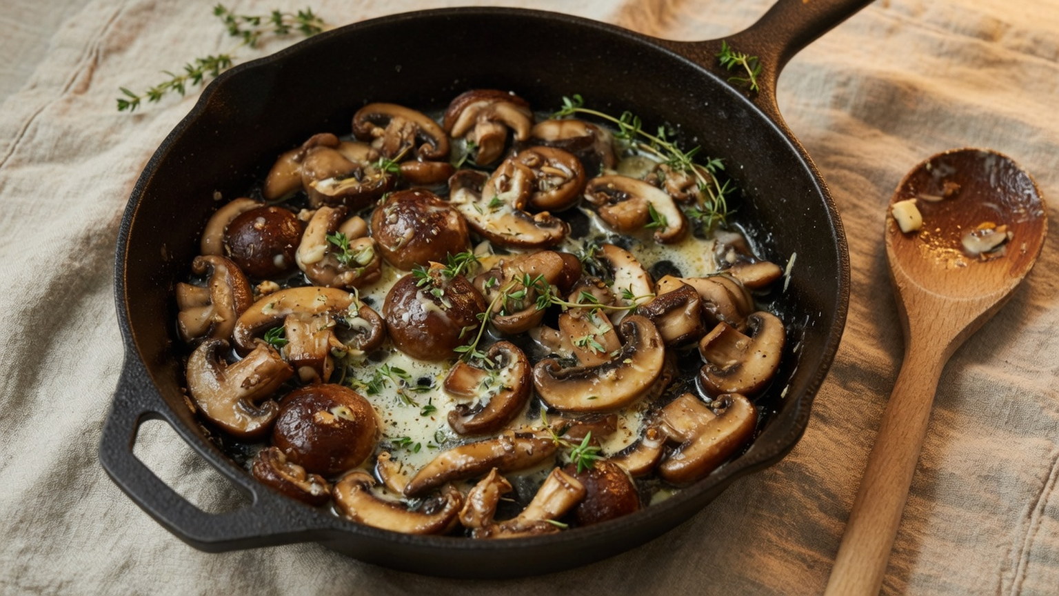 Sauteed mushrooms with thyme in a skillet