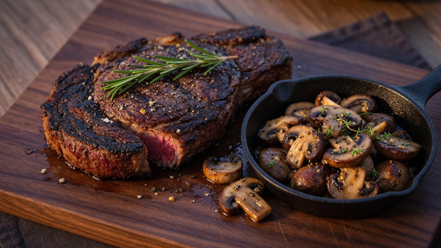 Grilled ribeye with sauteed mushrooms