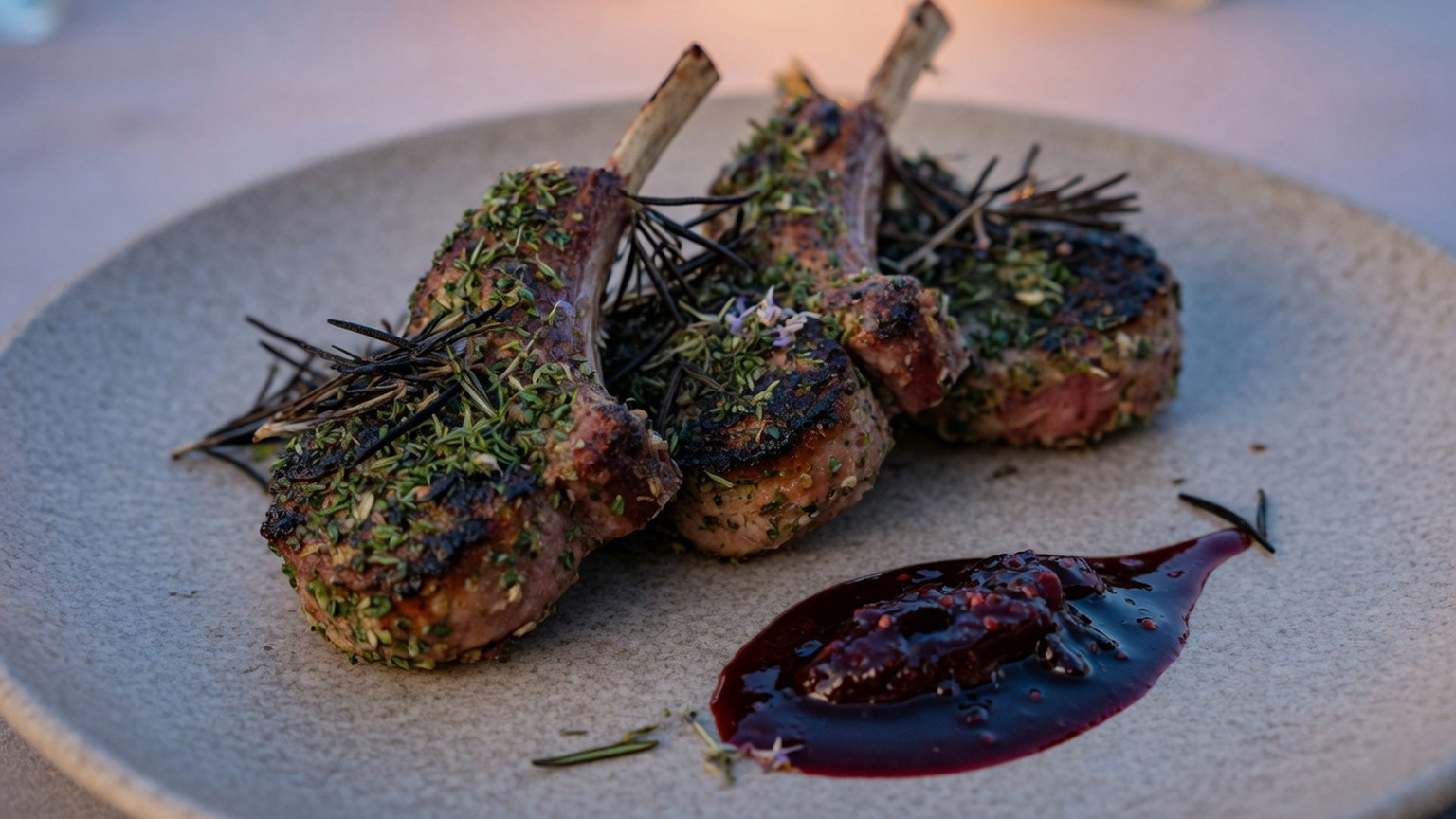 Herb-crusted grilled lamb chops with a dark plum sauce