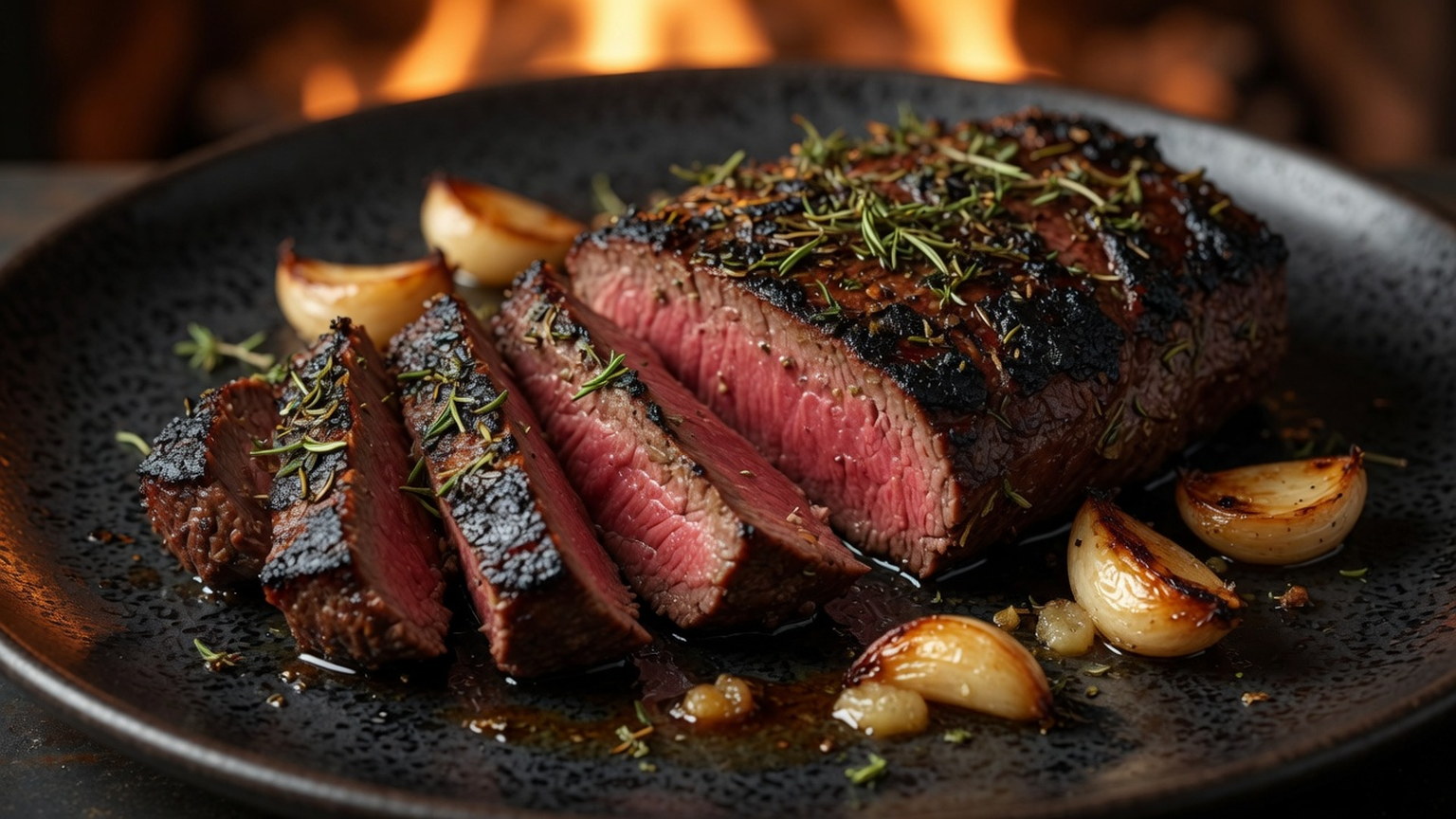 Rosemary-crusted grilled steak with roasted garlic