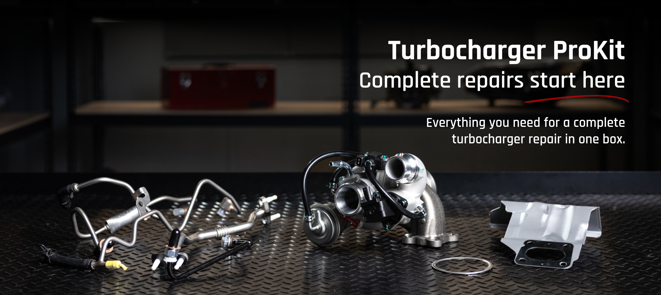 Rotomaster ProKit turbocharger kit with OE-quality turbocharger, oil lines, coolant lines, and installation components.