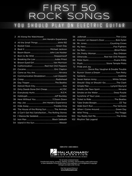 First 50 Rock Songs You Should Play on Electric Guitar - table of contents