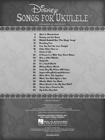 Disney Songs for Ukulele - tableof contents