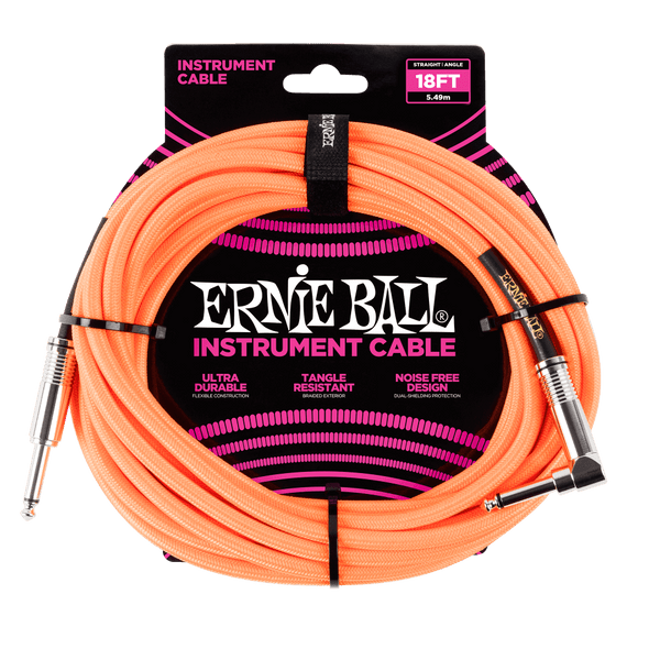 Ernie Ball 18' Braided Straight / Angle Instrument Cable - Neon Orange in packaging