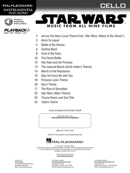 Star Wars – Instrumental Play-Along for Cello - table of contents