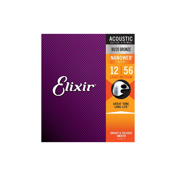 Elixir 11077 Nanoweb 80/20 Medium Light Acoustic Guitar Strings .012-.056