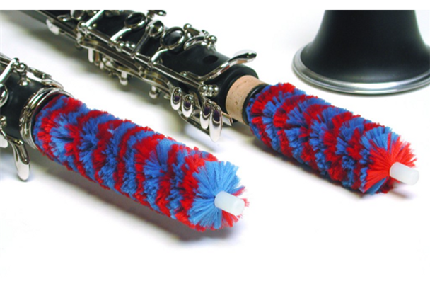 Red and blue HW Products Clarinet Pad Saver inside clarinet