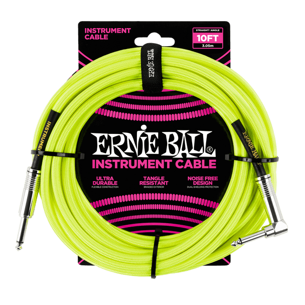 Ernie Ball 10' Braided Straight / Angle Instrument Cable - Neon Yellow in packaging