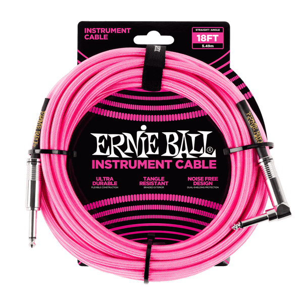 Ernie Ball 18' Braided Straight / Angle Instrument Cable - Neon Pink in packaging