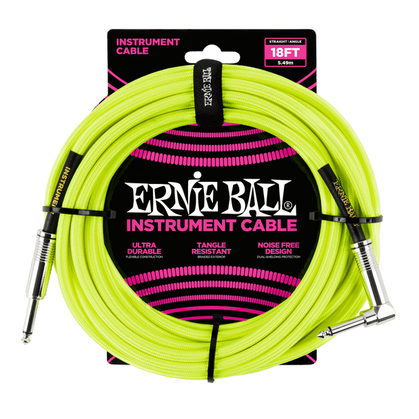 Ernie Ball 18' Braided Straight / Angle Instrument Cable - Neon Yellow in packaging