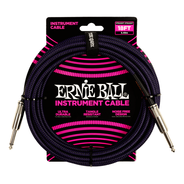 Ernie Ball 18' Braided Straight / Straight Instrument Cable - Purple Black in packaging