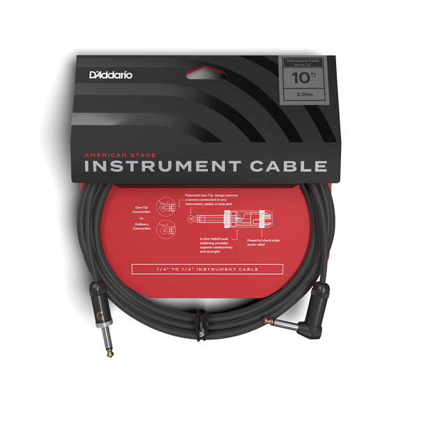 D'Addario American Stage Instrument Cable 10' Right Angle-Straight in packaging