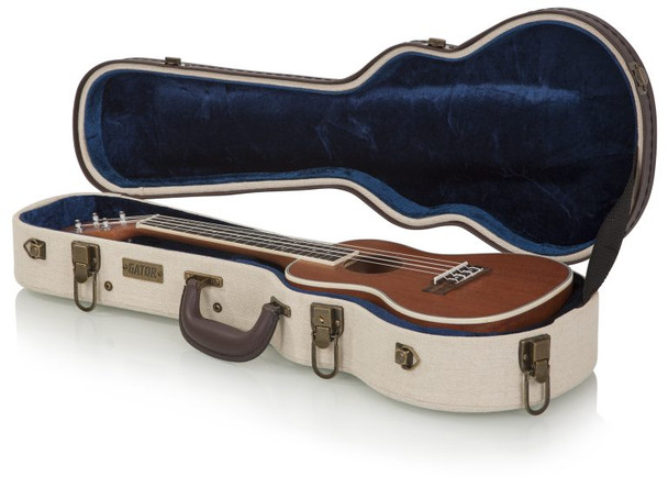 Gator Journeyman Concert Ukulele Deluxe Wood Case open with ukulele