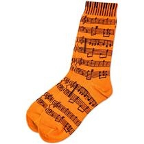 neon orange socks with black sheet music design