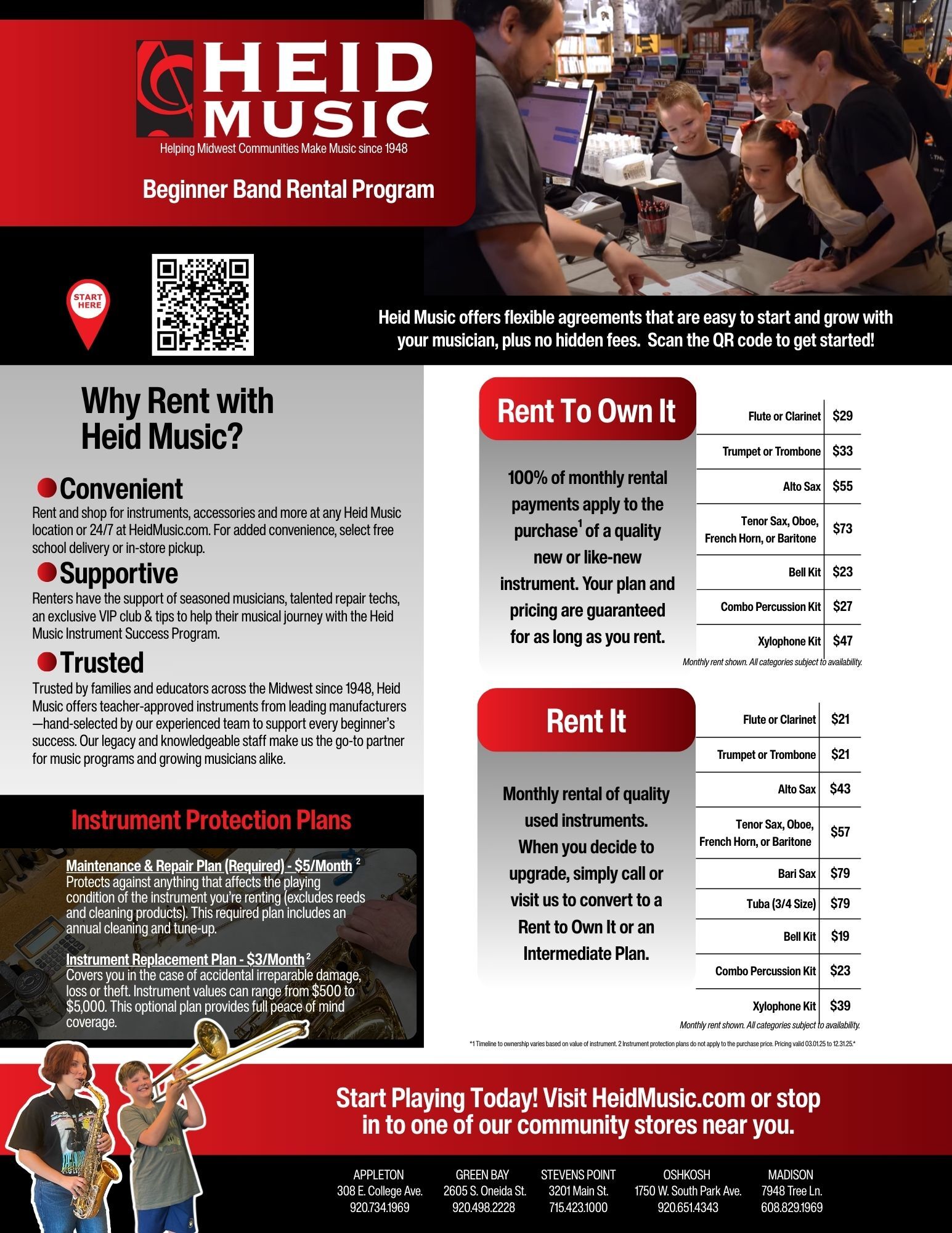 Start your musical journey with Heid Music’s trusted Beginner Band Rental Program. Choose from flexible rental options like Rent to Own or Rent It, with affordable monthly rates and no hidden fees. Enjoy expert support from experienced musicians, convenient online and in-store access, and instrument protection plans for peace of mind. Serving Midwest families and educators since 1948.