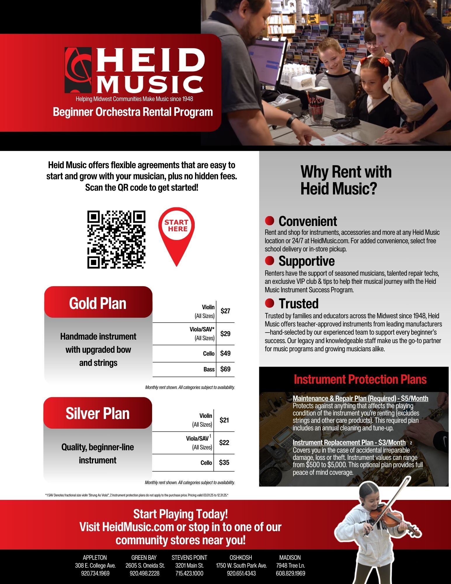 Heid Music’s Beginner Orchestra Rental Program offers flexible, affordable options for students starting violin, viola, cello, or bass. With high-quality instruments, expert support, and convenient school delivery or in-store pickup, families across the Midwest trust Heid Music to help young musicians succeed.