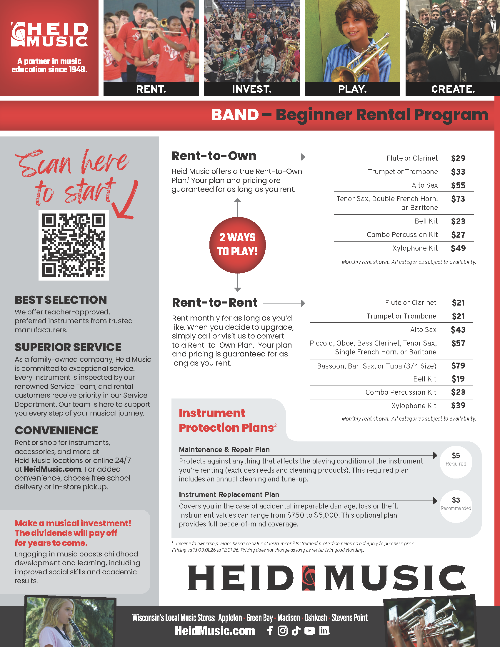 Start your musical journey with Heid Music’s trusted Beginner Band Rental Program. Choose from flexible rental options like Rent to Own or Rent It, with affordable monthly rates and no hidden fees. Enjoy expert support from experienced musicians, convenient online and in-store access, and instrument protection plans for peace of mind. Serving Midwest families and educators since 1948.