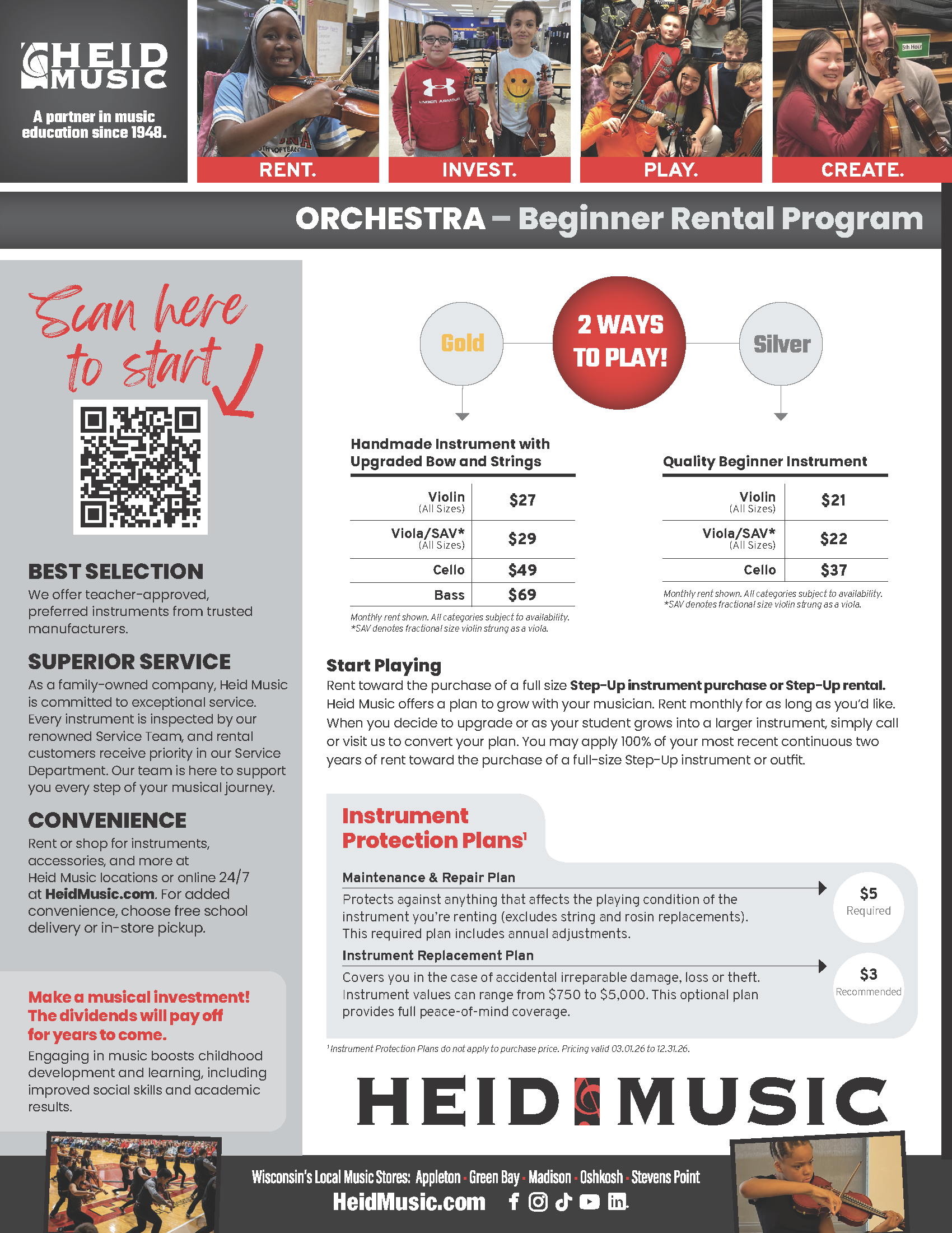Heid Music’s Beginner Orchestra Rental Program offers flexible, affordable options for students starting violin, viola, cello, or bass. With high-quality instruments, expert support, and convenient school delivery or in-store pickup, families across the Midwest trust Heid Music to help young musicians succeed.