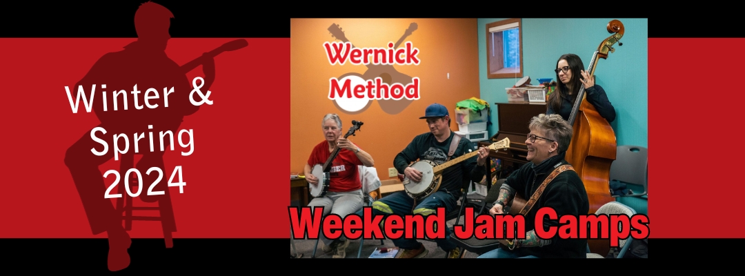 Pete Wernick’s inventive and time-tested method harnesses students’ natural wish to play music in a small group setting. With basic skills and good guidance, students start making music and having fun — almost immediately. Your Wernick Method teacher will show you the ropes of a bluegrass jam session, fitting in at your own ability level.