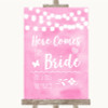 Baby Pink Watercolour Lights Here Comes Bride Aisle Customised Wedding Sign