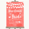 Coral Watercolour Lights Here Comes Bride Aisle Customised Wedding Sign