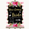 Gold & Pink Stripes Here Comes Bride Aisle Customised Wedding Sign