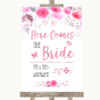 Pink Watercolour Floral Here Comes Bride Aisle Customised Wedding Sign