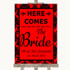 Red Damask Here Comes Bride Aisle Sign Customised Wedding Sign