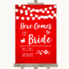 Red Watercolour Lights Here Comes Bride Aisle Customised Wedding Sign