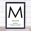 Multan Pakistan Coordinates World City Travel Print