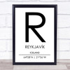 Reykjavik Iceland Coordinates World City Travel Print