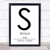 Sevilla Spain Coordinates World City Travel Print