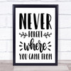 Never Forget Where You Came From Quote Typogrophy Wall Art Print