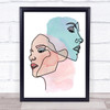 Abstract Watercolour Line Art Two Faces Pink Blue Decorative Wall Art Print