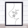 Black & White Line Art Lovers Kissing Faces Decorative Wall Art Print
