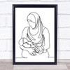 Black & White Line Art Muslim Mum And Baby Decorative Wall Art Print