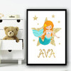 Cartoon Mermaid Ginger Gold Star Any Name Personalised Wall Art Print