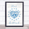 I Love Scotland Blue Birds In Heart White Wood Wall Art Print