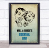 Vintage Couple Blue Smile Cocktail Bar Version Room Personalised Wall Art Sign