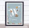 New Baby Birth Details Christening Nursery Woodland Animals Initial W Gift Print