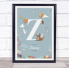 New Baby Birth Details Christening Nursery Woodland Animals Initial Z Gift Print