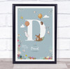 New Baby Birth Details Christening Nursery Woodland Animals Initial D Gift Print