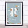 New Baby Birth Details Christening Nursery Woodland Animals Initial R Gift Print