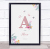 Pink Initial A Watercolour Flowers Baby Birth Details Nursery Christening Print