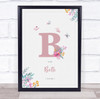 Pink Initial B Watercolour Flowers Baby Birth Details Nursery Christening Print