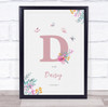 Pink Initial D Watercolour Flowers Baby Birth Details Nursery Christening Print