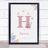 Pink Initial H Watercolour Flowers Baby Birth Details Nursery Christening Print