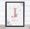 Pink Initial J Watercolour Flowers Baby Birth Details Nursery Christening Print